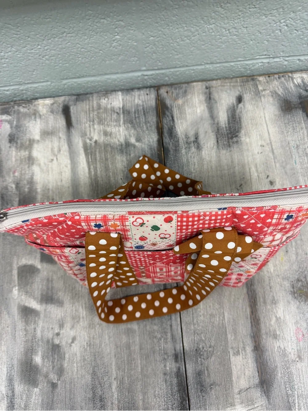Red Patchwork Western Boho Tote with‎ Brown Polka-Dot Handles